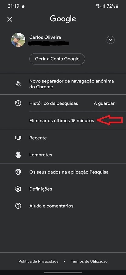 Google: learn how to delete the last 15 minutes of account activity Google