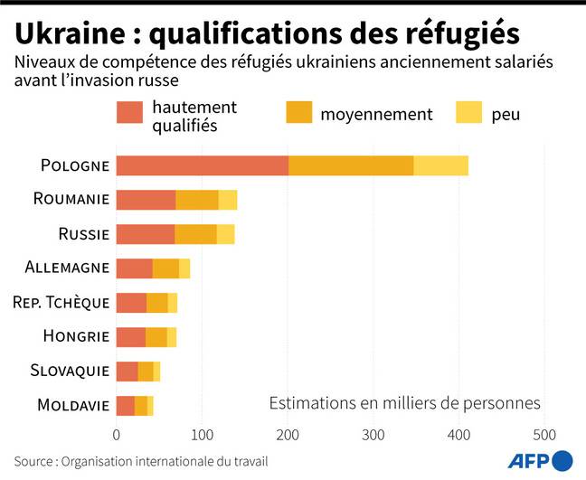 Distribution of the qualification of refugee workers according to the country.