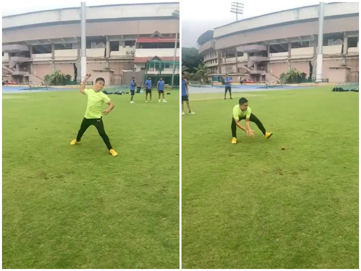 Indian football legend Sunil Chhetri was spotted playing on the cricket pitch

