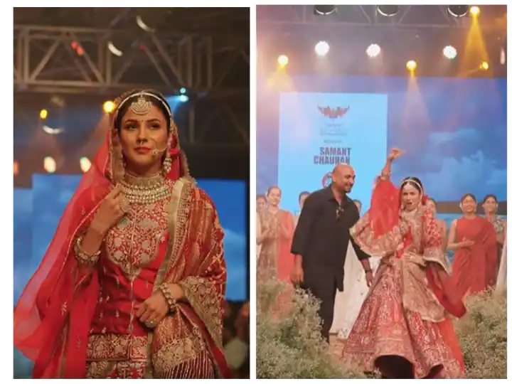 Shehnaz Gill walked down the ramp in the bride's dress, stole the gathering by dancing on stage.

