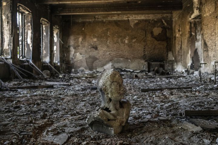 The interior of the local history museum in the city of Mariupol, which was destroyed during the Russian offensive.   (VALERY MELNIKOV / AFP via SPUTNIK)