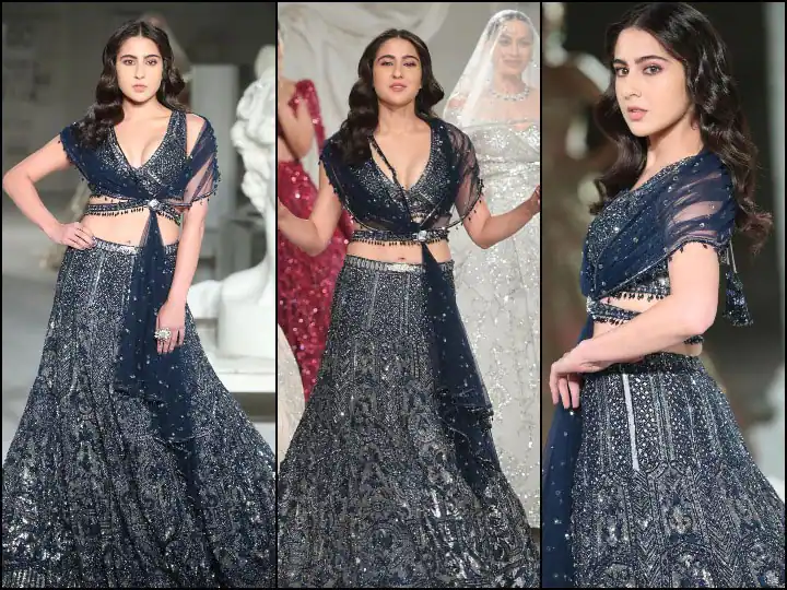 Sara Ali Khan showed off Nawabi style on the ramp in a blue lehenga, but was trolled for the stunt.

