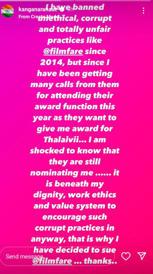 Kangana Ranaut Will File A Case Against Filmfare The Reason