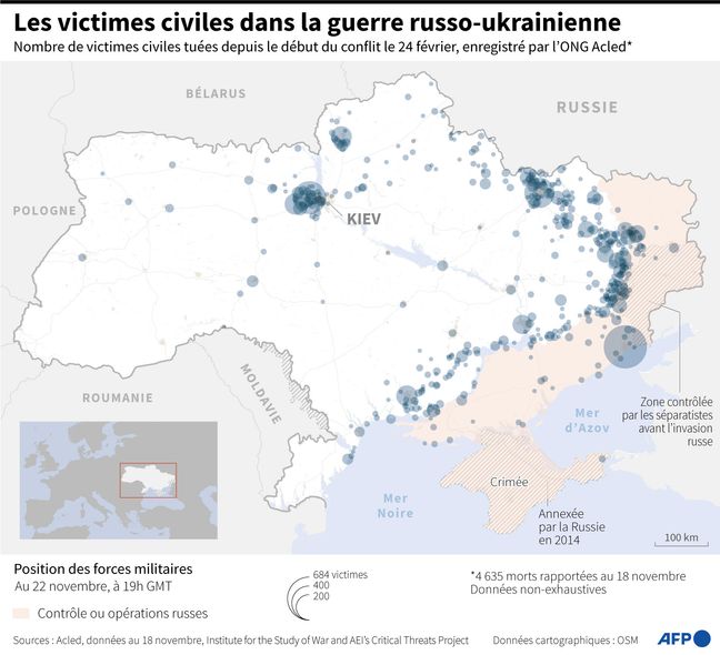 Map of Ukraine showing civilian casualties recorded by the NGO Acled since the start of the conflict on February 24.