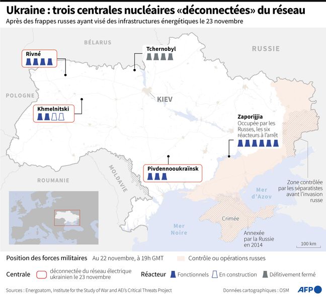 Map locating nuclear power plants in Ukraine, including the three power plants disconnected from the grid after Russian strikes on November 23.