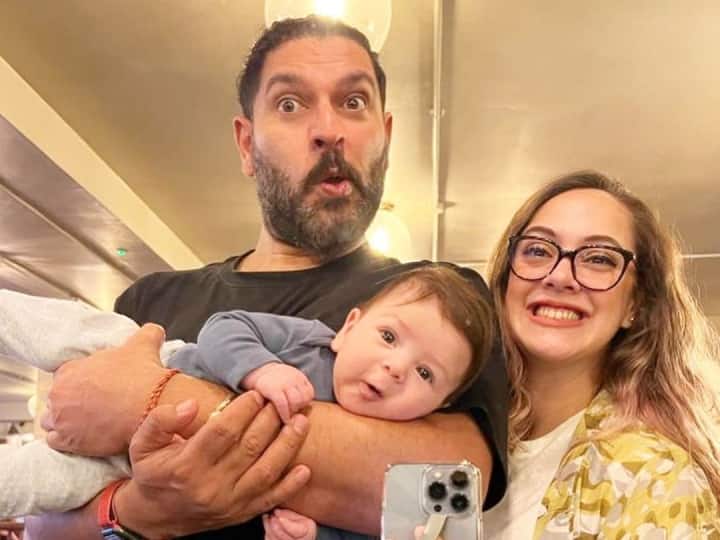Yuvraj shared a photo with Hazel and her son Orion on the anniversary, see caption

