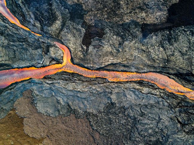 An aerial view shows the lava channel northeast of Mauna Loa near Hilo, Hawaii.