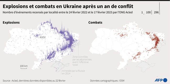 Maps of Ukraine showing the number of explosions and the number of fights recorded by the NGO Acled, by locality, between February 24, 2022 and February 17, 2023