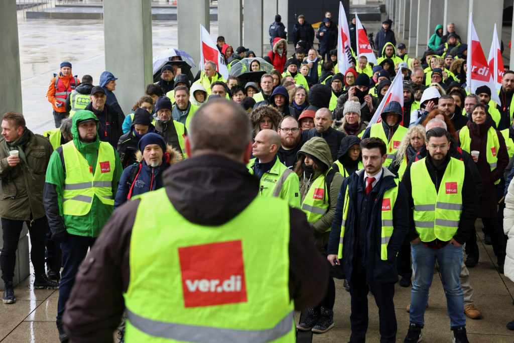 Airport workers protest at BER airport during a strike called by German trade union Verdi, in Berlin