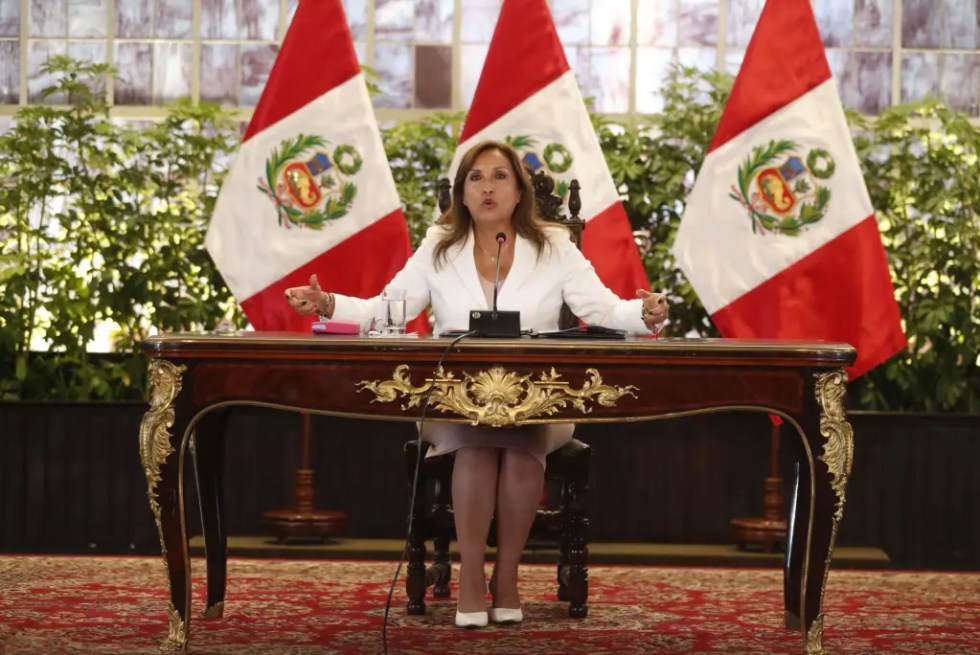 The President of Peru, Dina Boluarte, offers a press conference today in Lima (Peru).  BLAZETRENDS/Paolo Aguilar
