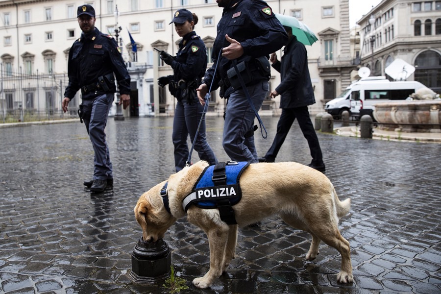 Italian policemen patrol the streets of Rome before the visit of the President of Ukraine, Volodomir Zelensky.