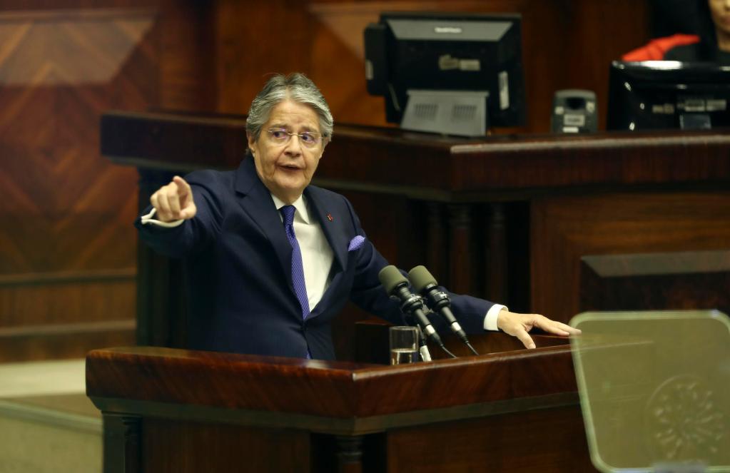 The president of Ecuador, Guillermo Lasso, intervenes during a political trial of censorship against him, at the headquarters of the National Assembly, in Quito (Ecuador).  BLAZETRENDS/Jose Jacome
