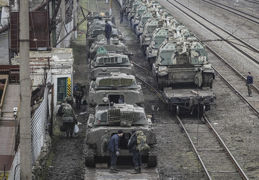 File image of Russian armored vehicles at a train station in the Rostov region, Russia.