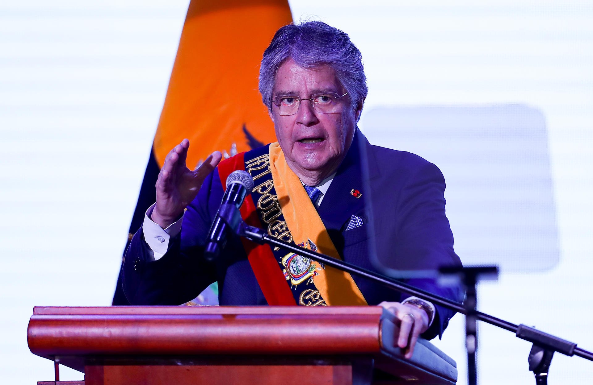 The President of Ecuador, Guillermo Lasso, presents his report to the Nation after the death cross that closed the National Assembly, today at the Government Platform, in Quito (Ecuador).  BLAZETRENDS/Jose Jacome