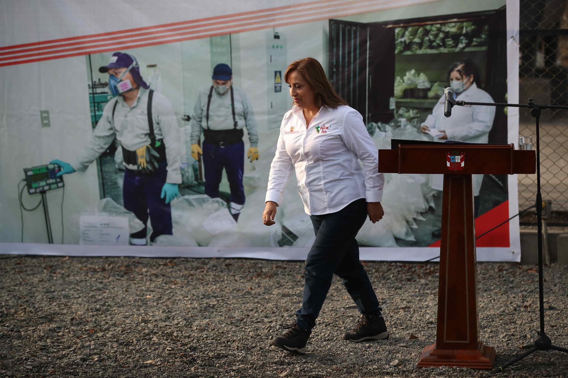 The President of Peru, Dina Boluarte, attends the act of destroying shipments of seized drugs, today, at the base of the Directorate of Special Operations of the National Police in Lima (Peru).  BLAZETRENDS/Paolo Aguilar
