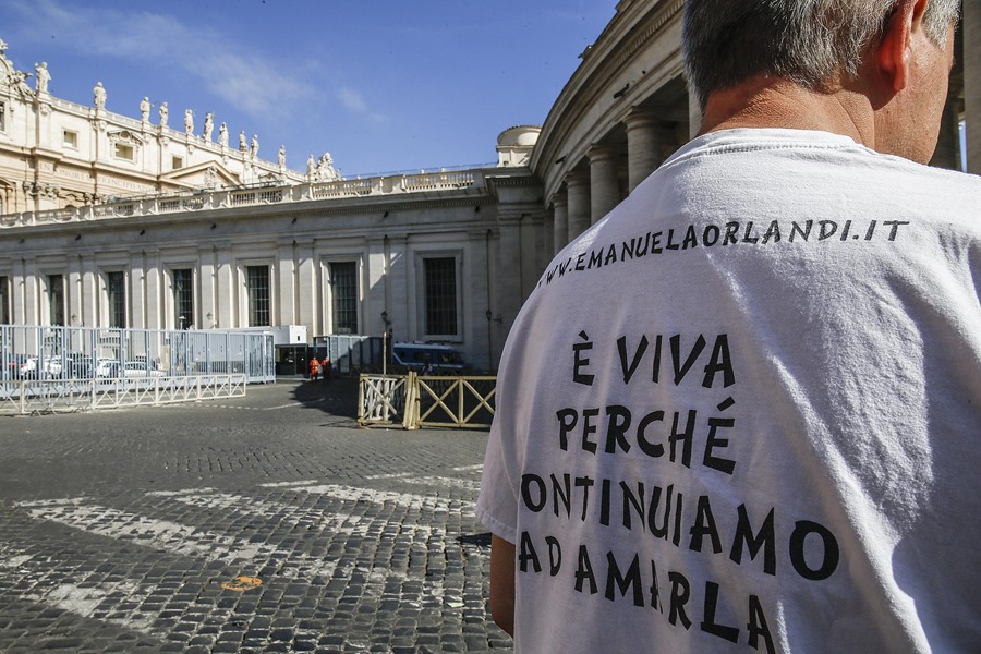 A man wearing a T-shirt about the search for the Vatican girl, Emanuela Orlandi, during a rally. 