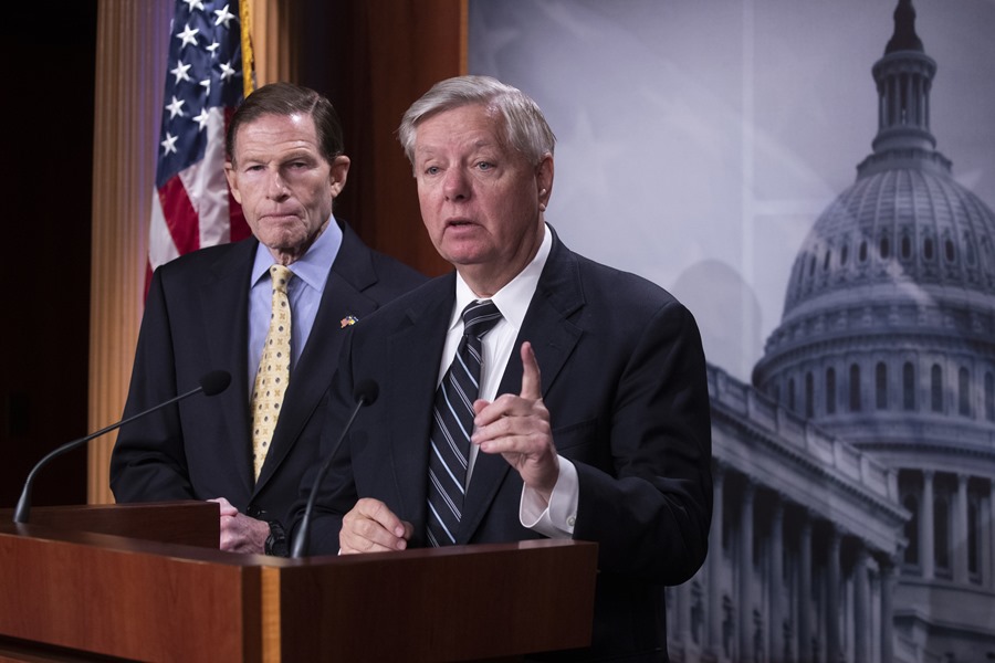 South Carolina Republican Senator Lindsey Graham (R) and Connecticut Democratic Senator Richard Blumenthal (L) at a press conference on Capitol Hill in Washington on the designation of the Wagner Group as a foreign terrorist organization last month february