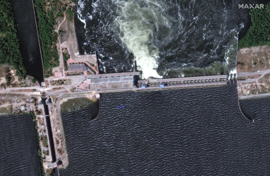 Satellite image provided by Maxar Technologies of the Nova Kakhovka dam and hydroelectric plant in southern Ukraine before the explosion on Mars