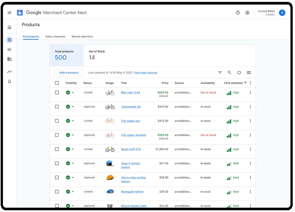 Google launches a tool to create images from AI A page titled "Products" displays a list of product details in the grid view. There are multiple columns, including "visibility", "state"product thumbnails and "click potential".