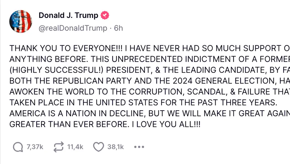 Trump thanks his supporters on his social network Truth