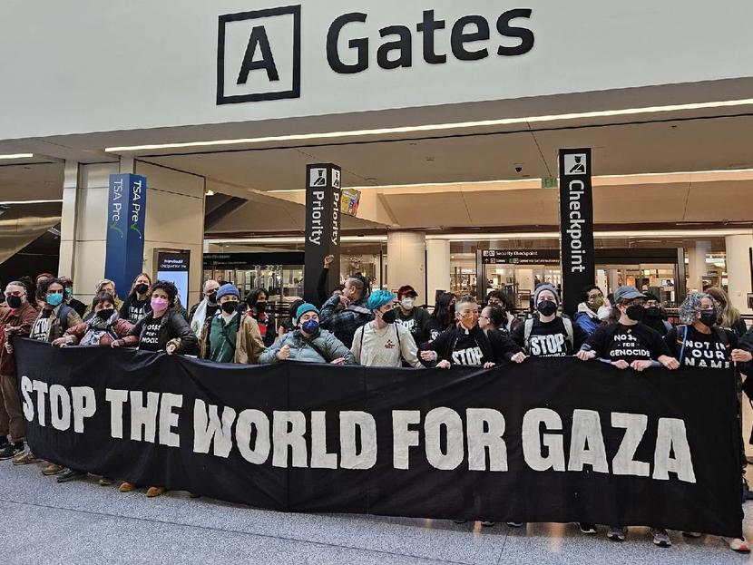 Pro-Palestine protesters at San Francisco airport.