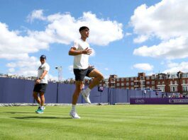 Carlos Alcaraz steps on the grass 338 days after winning Wimbledon
