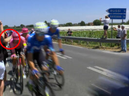 A fan almost caused a misfortune in the peloton with her cell phone
