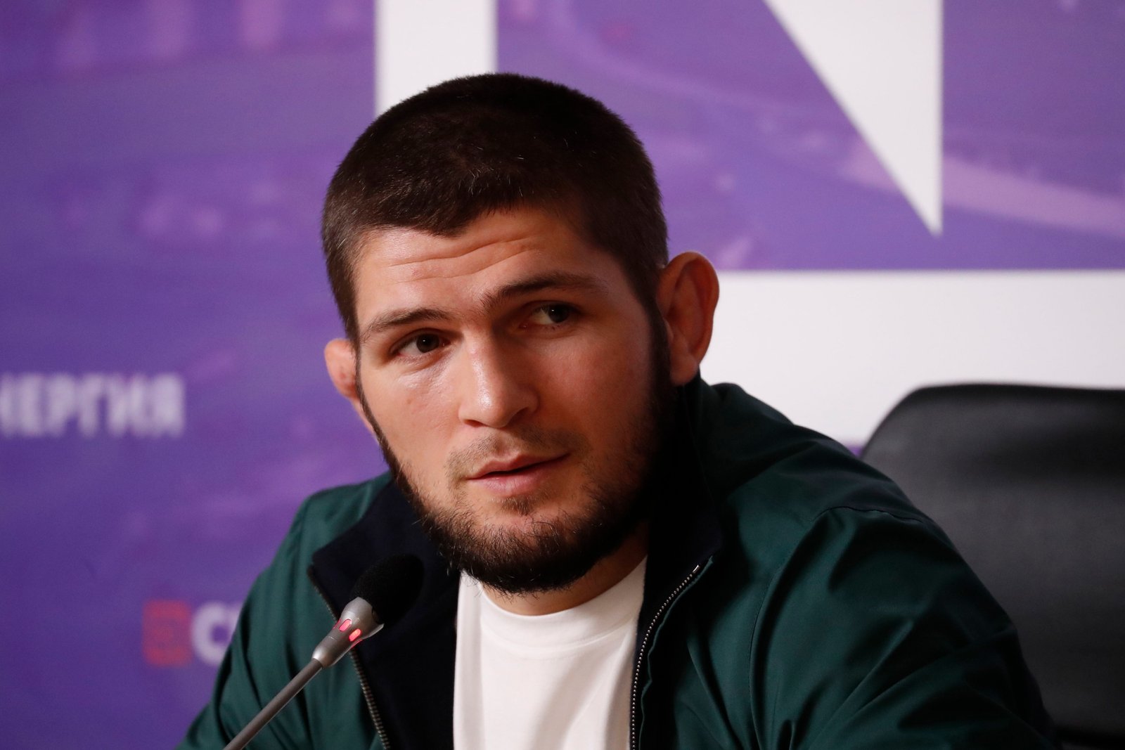 Khabib Nurmagomedov during a press conference.