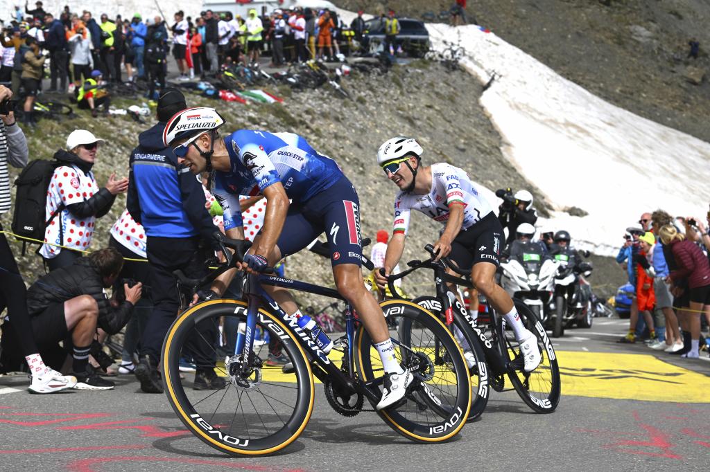 Mikel Landa's Giro d'Italia Return Sparks New Title Ambitions VALLOIRE, FRANCE - JULY 02: (LR) Mikel Landa of Spain and Team Soudal Quick-Step and Joao Almeida of Portugal and UAE Team Emirates compete climbing to the Col du Galibier (2,642m) during the 111th Tour de France 2024, Stage 4 a 139.4km stage from Pinerolo to Valloire / #UCIWT / on July 02, 2024 in Valloire, France. (Photo by Dario Belingheri/Getty Images)
