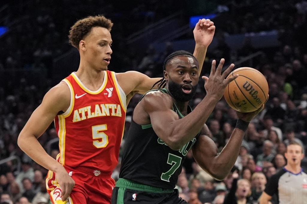 Jaylen Brown, harassed by Dyson Daniels' defense.