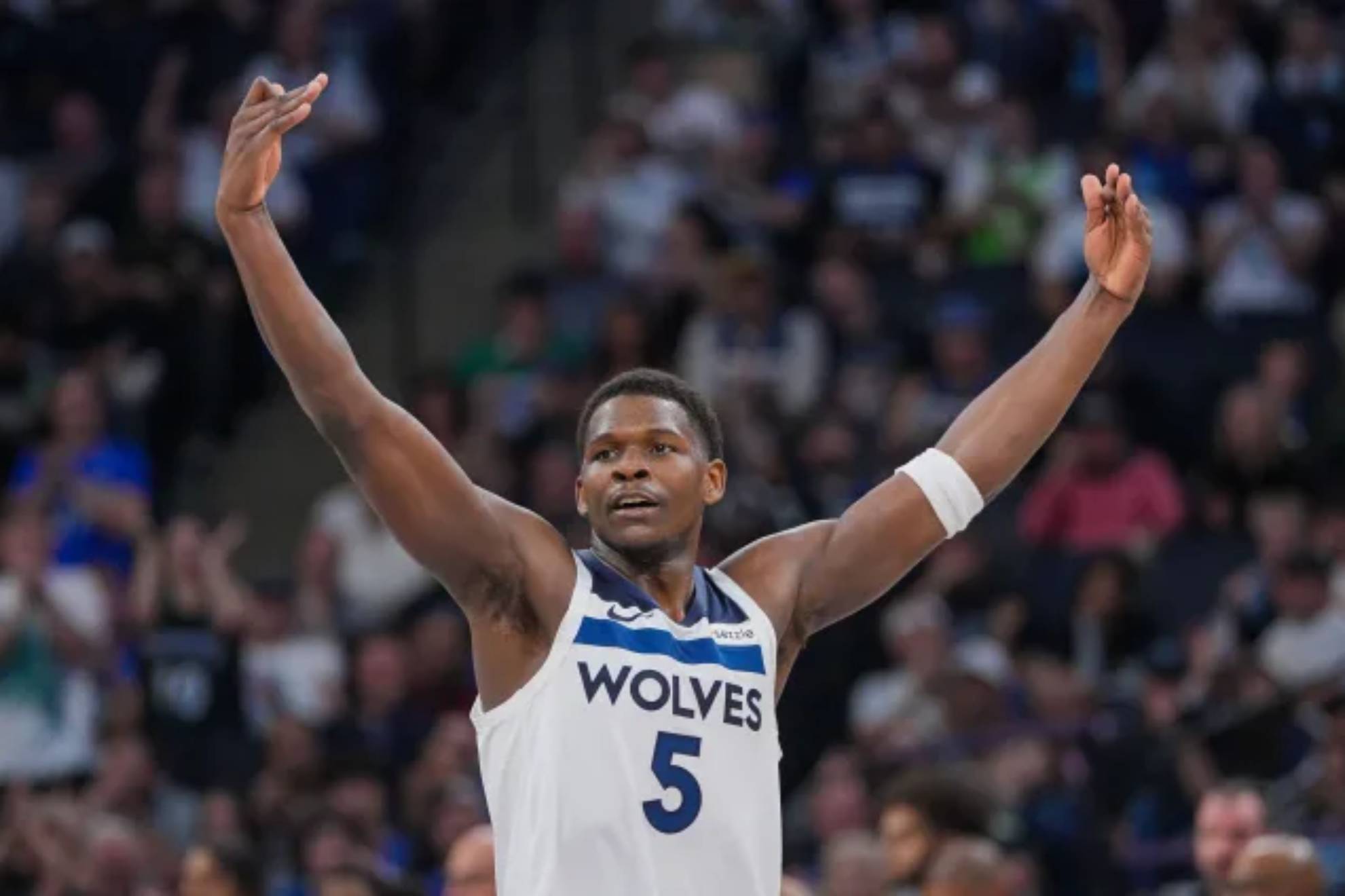 Anthony Edwards celebrates a Timberwolves basket.
