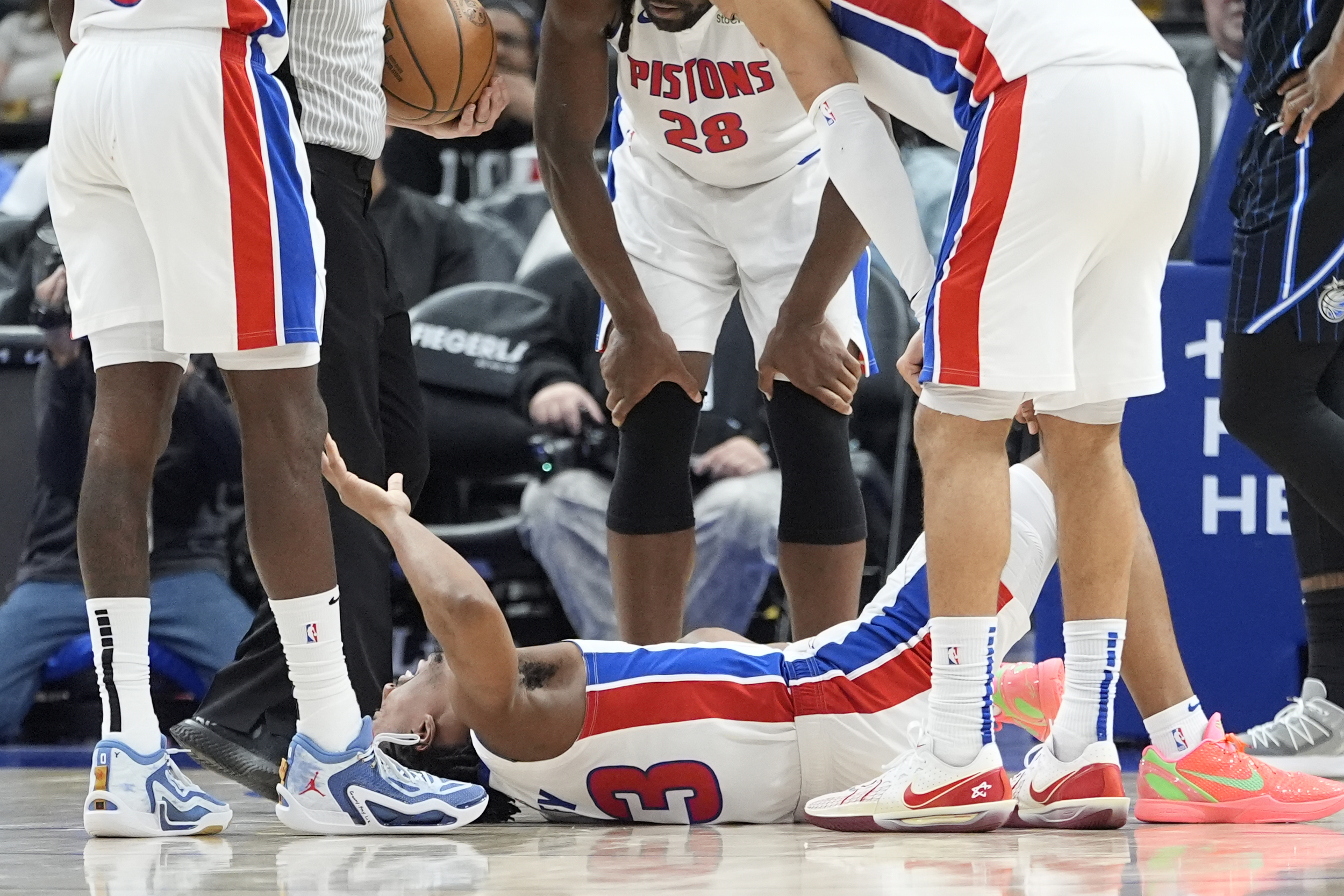 Jaden Ivey leaves on a stretcher after a serious injury in the Pistons vs Magic