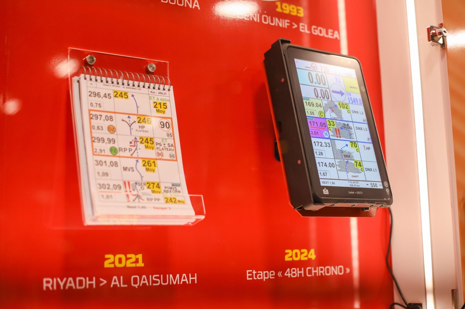 The electronic tablet (right) next to the paper roadbook (left)