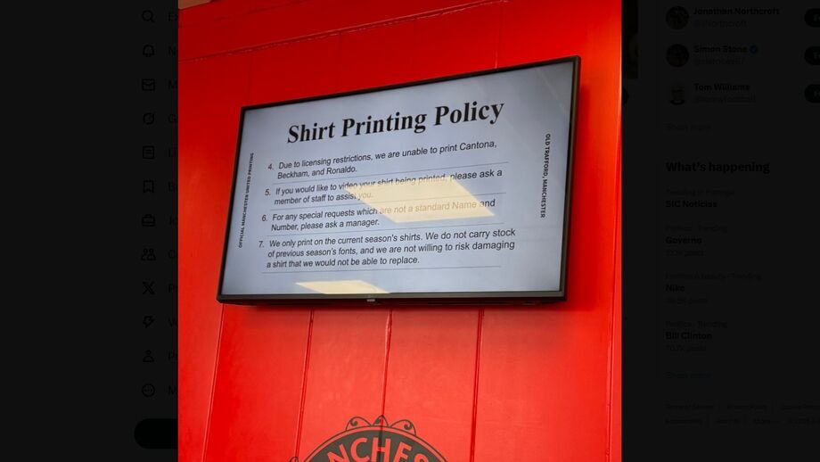 Manchester United Bans Cantona, Beckham, Ronaldo Names on Kits Due to Licensing Names of Cantona, Beckham, and Ronaldo are not permitted.