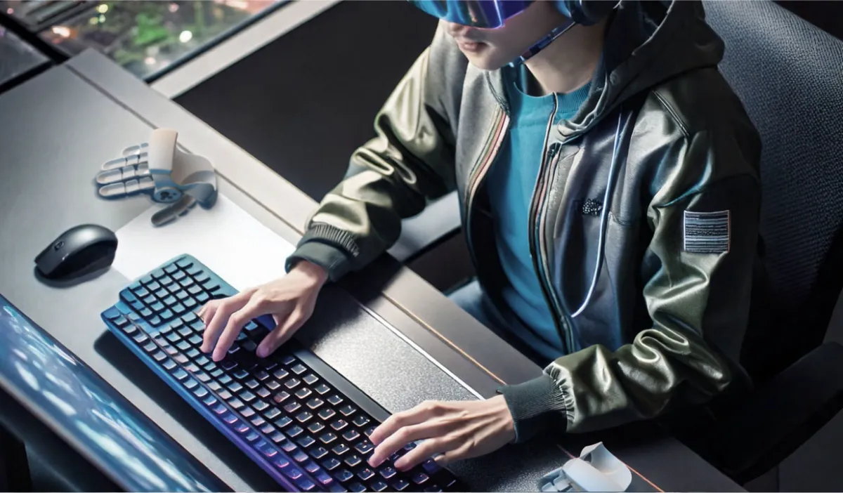 Sharp Unveils VR Haptic Controller Gloves for Realistic Touch Feedback Close-up of a hand wearing the Sharp VR Haptic Controller, showing individual finger attachments