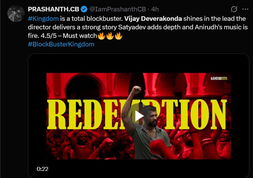 Vijay Deverakonda's Kingdom: Fans Hailed Action Thriller, Blockbuster Comeback. Screenshot of a fan's tweet calling Kingdom a blockbuster and praising the cast and music