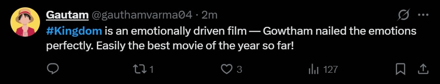 Screenshot of a fan's tweet praising the movie 'Kingdom'