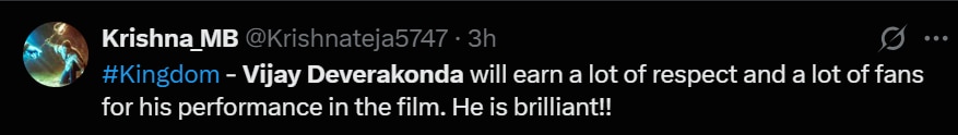 Screenshot of a fan's tweet praising Vijay Deverakonda's performance