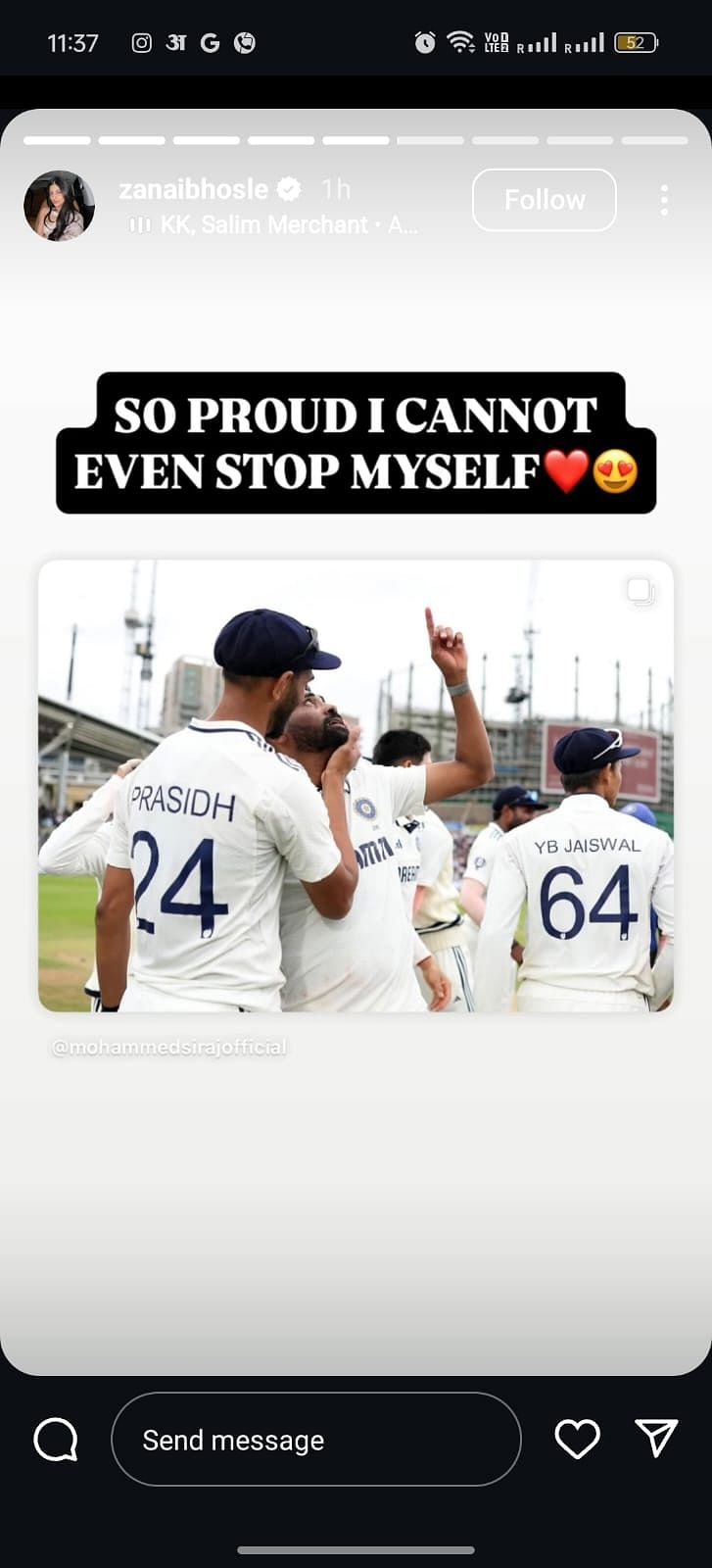 Siraj's Rumored Girlfriend Zanai Bhosle Praises Him, Calls Him 'Bhai' Mohammed Siraj in action on the cricket field