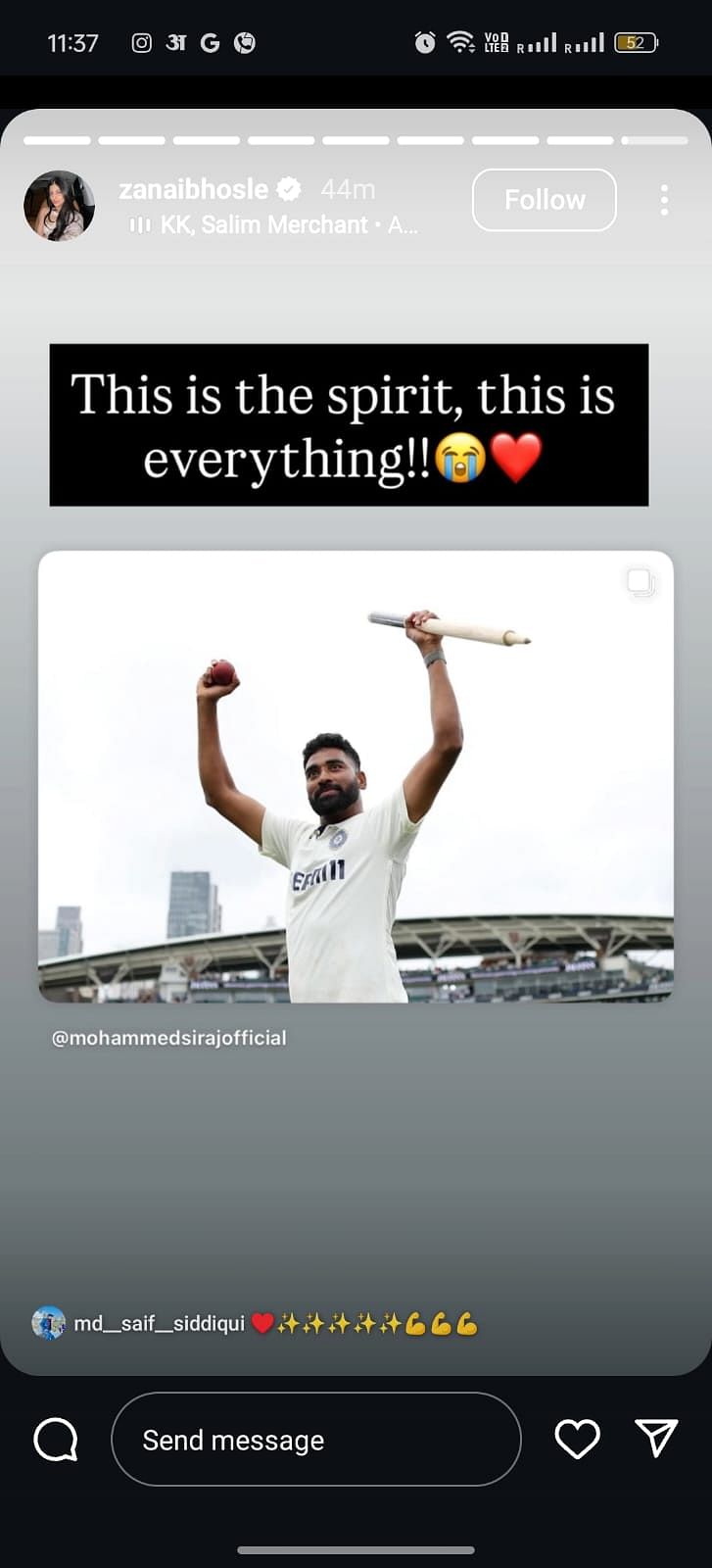 Siraj's Rumored Girlfriend Zanai Bhosle Praises Him, Calls Him 'Bhai' Mohammed Siraj showing intensity during a match