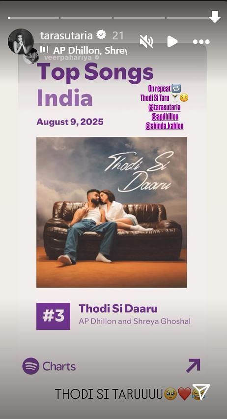 Screenshot of an Instagram story from Veer Pahariya and Tara Sutaria