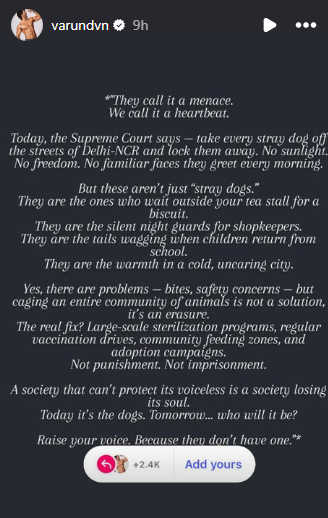 Janhvi, Varun Oppose Supreme Court Stray Dog Relocation Verdict Varun Dhawan Instagram Story