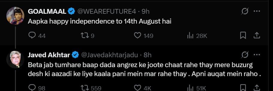 Screenshot of Javed Akhtar's reply to the online user