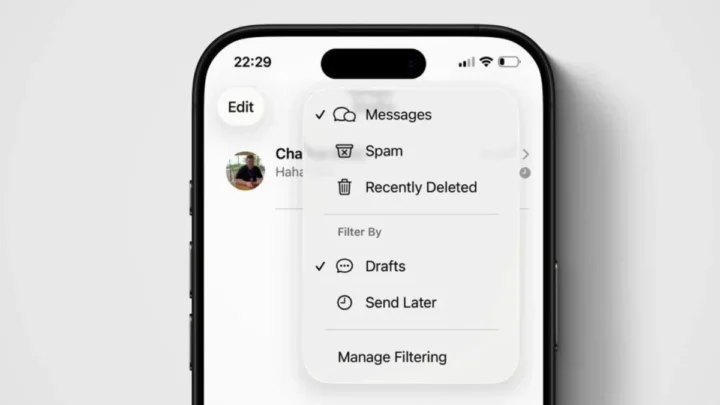 A screenshot of the Messages app in iOS 26, showing a new 'Drafts' filter option.