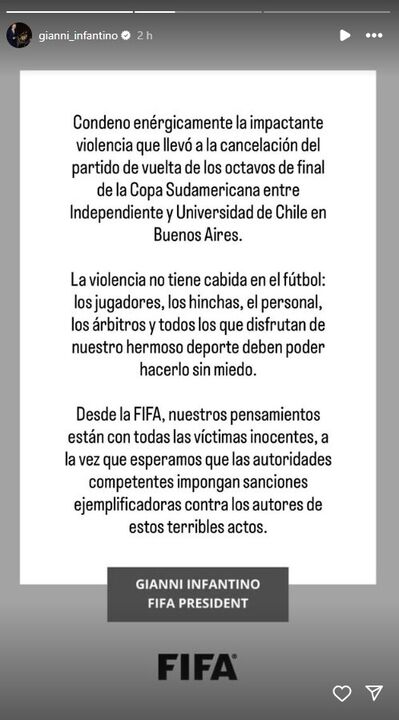 Infantino condemns violence in the Independiente-U.Chile game and calls for sanctions