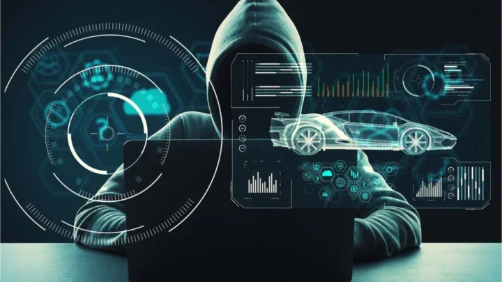 A dashboard with a clear display, showing a map and various icons for connected services.