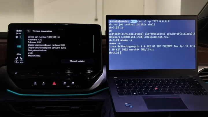 A car's dashboard displaying a warning icon, symbolizing a security alert or system issue.