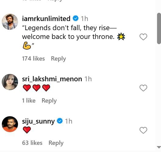 Fan comment expressing relief and excitement for Mammootty's return.