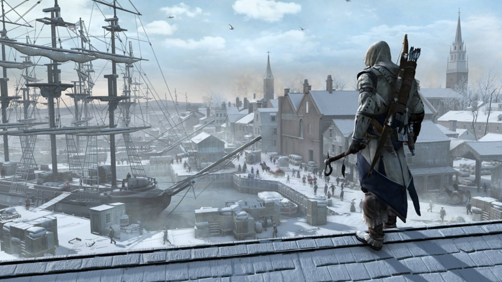 A screenshot from Assassin's Creed 3, showing the protagonist in a historical setting.