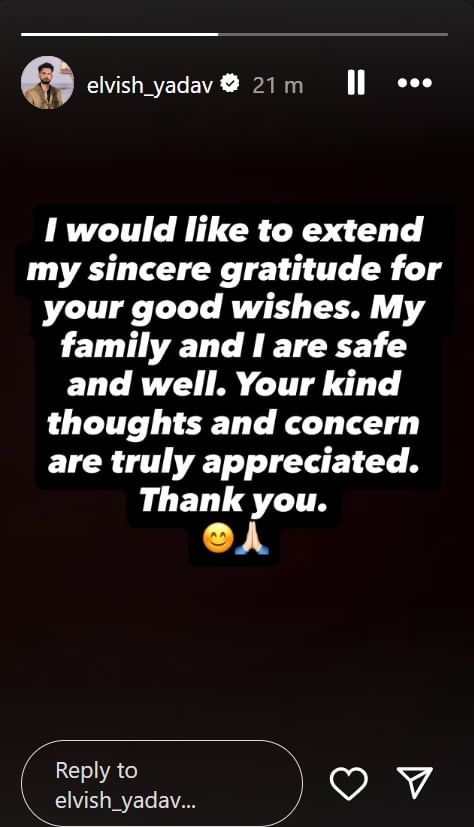 Elvish Yadav's Instagram Story post reacting to the incident.